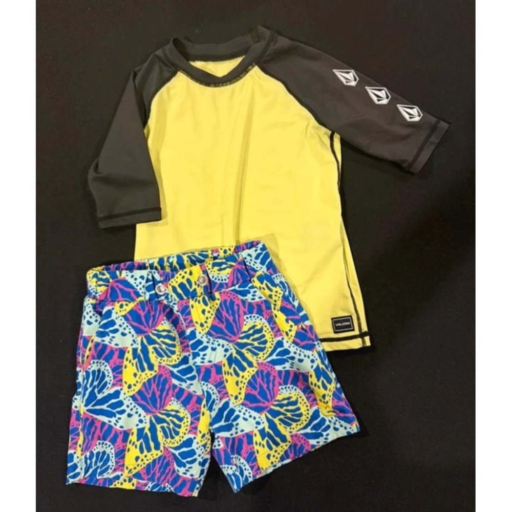 Volcom Blue Quail Swim Set Boys 4T Yellow Blue Butterfly Rash Guard Trunks GUC